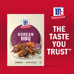 A package of McCormick Korean BBQ Seasoning Mix belonging to the Dtc Bundle is displayed against a red background featuring the slogan The Taste You Trust.