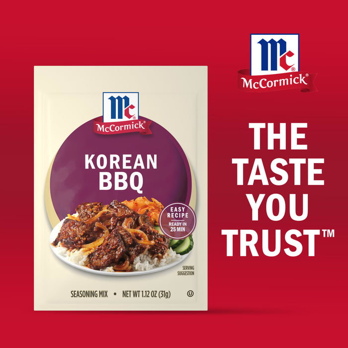 A package of McCormick Korean BBQ Seasoning Mix belonging to the Dtc Bundle is displayed against a red background featuring the slogan The Taste You Trust.