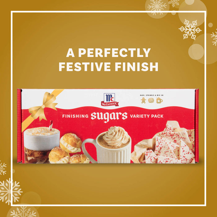 A festive graphic featuring the Dtcmckvb Winter Finishing Sugars Gift Set from McCormick which includes a variety pack of sugars for baking and decorating holiday treats.