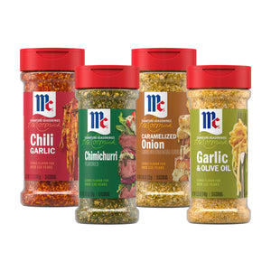 A product shot of the Mcksignatureseriesbundlevdtc shows four McCormick Signature Seasonings bottles against a white background, featuring the flavors Chili Garlic, Chimichurri, Caramelized Onion, and Garlic &amp; Olive Oil.