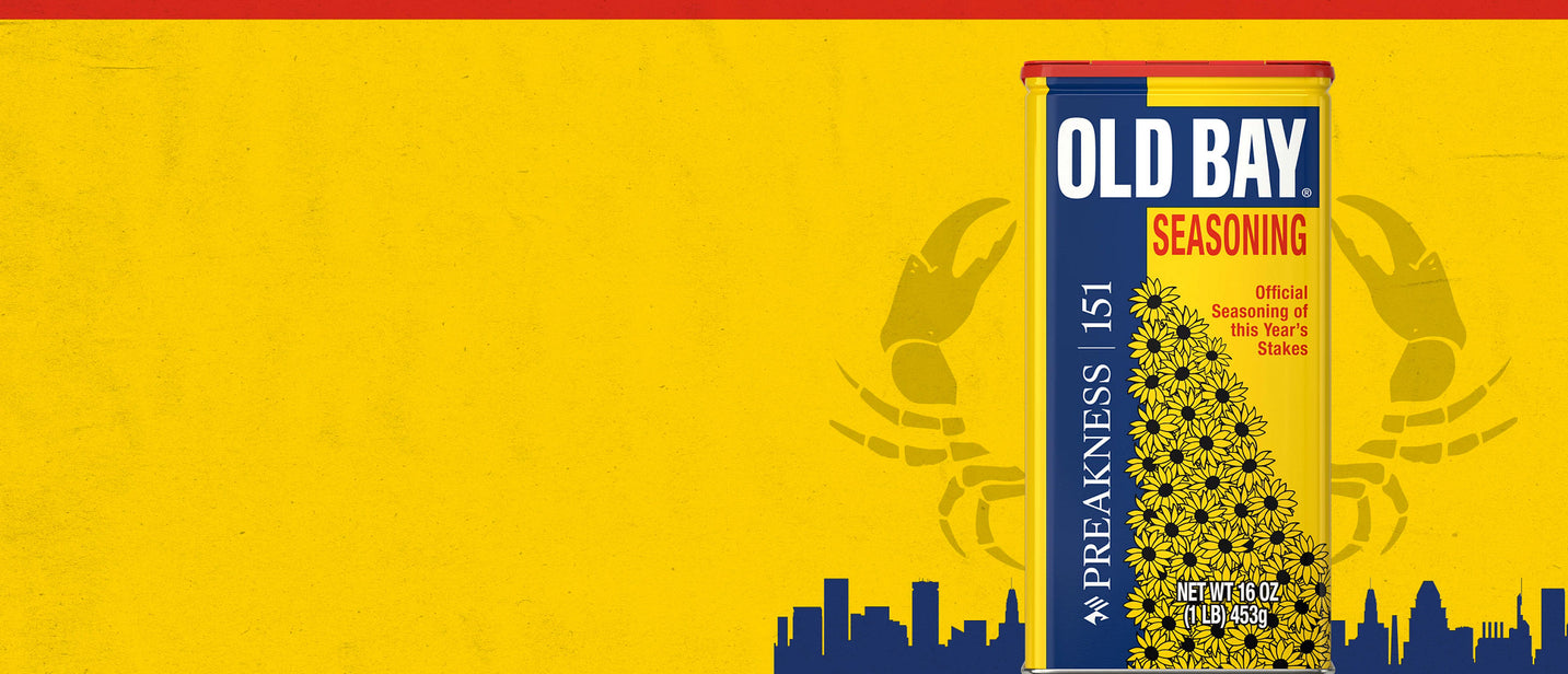 preakness 151 limited edition old bay can with Baltimore cityscape and crab claws behind the tin