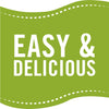 A green banner with a white dashed line border that says Easy &amp; Delicious.