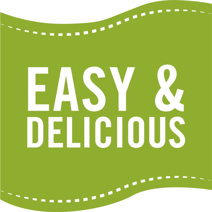 A green banner with a white dashed line border that says Easy &amp; Delicious.
