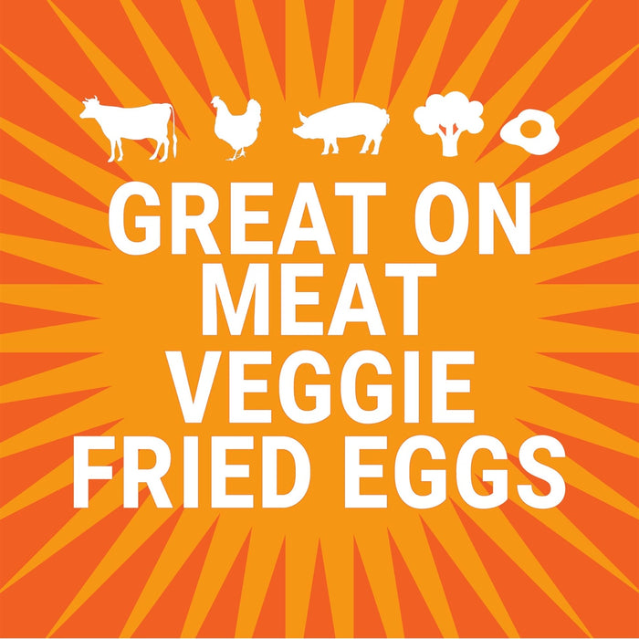 An illustration of a cow chicken pig broccoli and egg with the text Great on meat veggie fried eggs.