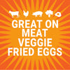 An illustration of a cow chicken pig broccoli and egg with the text Great on meat veggie fried eggs.