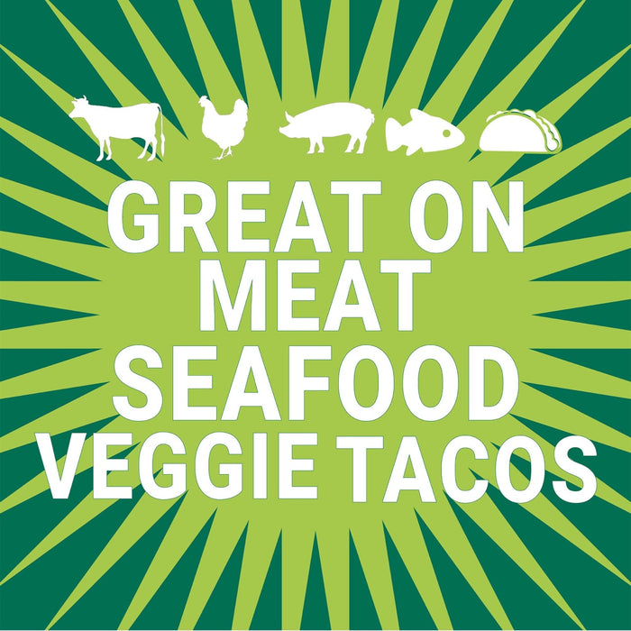 A green and white illustration with the text Great on Meat Seafood Veggie Tacos.