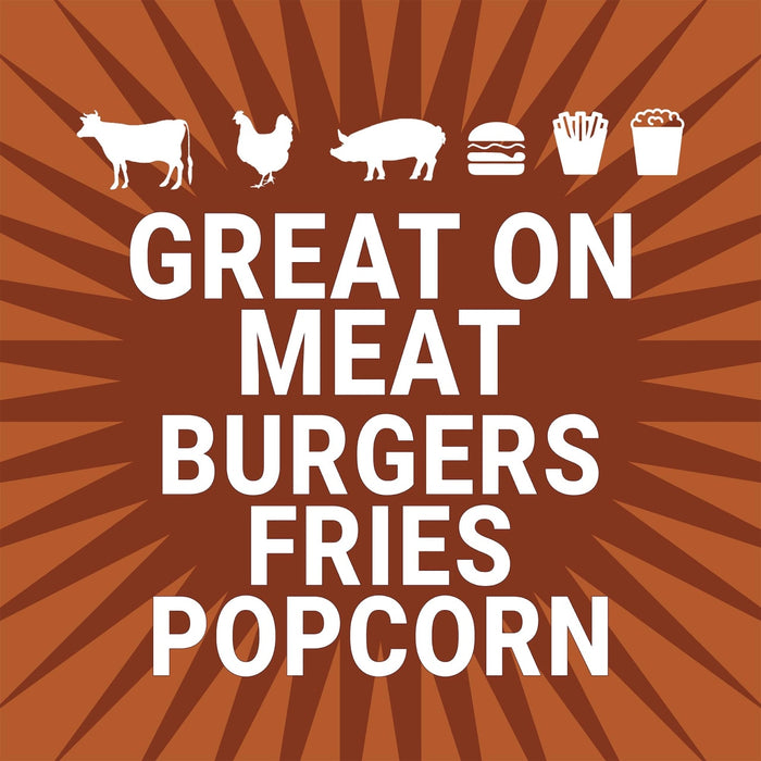 An illustration of a cow chicken pig burger fries and popcorn with the text Great on Meat Burgers Fries Popcorn.