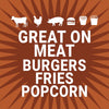 An illustration of a cow chicken pig burger fries and popcorn with the text Great on Meat Burgers Fries Popcorn.