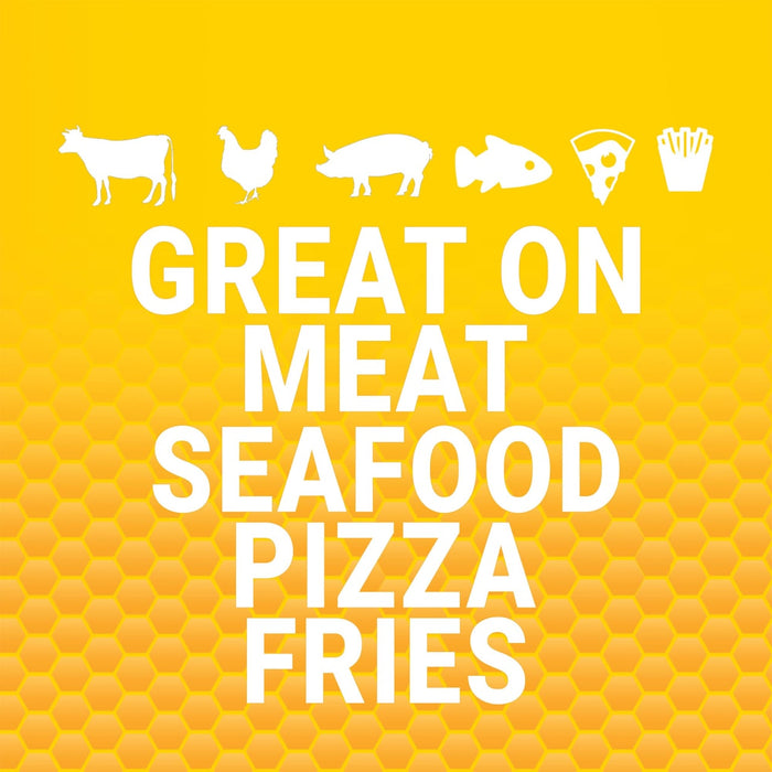 A white graphic on a yellow honeycomb background that says Great on Meat Seafood Pizza Fries