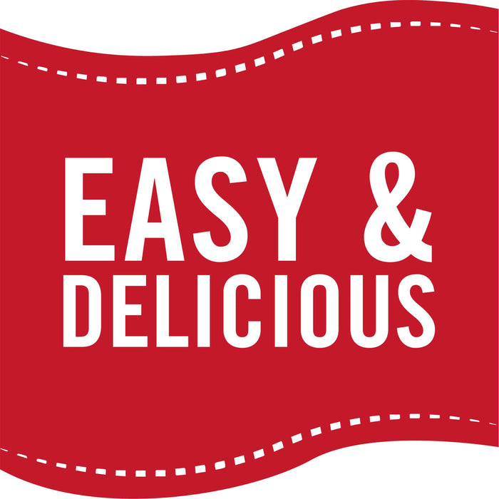 A red banner with white stitching around the edges that says Easy &amp; Delicious.