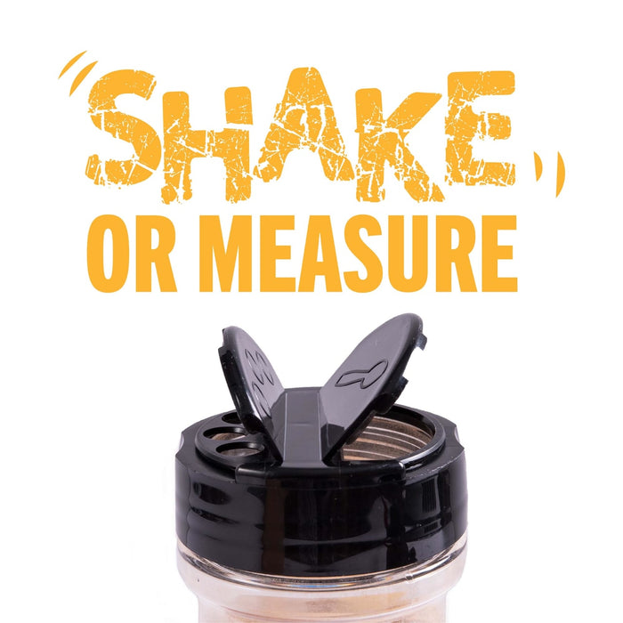 A spice shaker with the words Shake or Measure in yellow text above it.