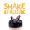 A spice shaker with the words Shake or Measure in yellow text above it.