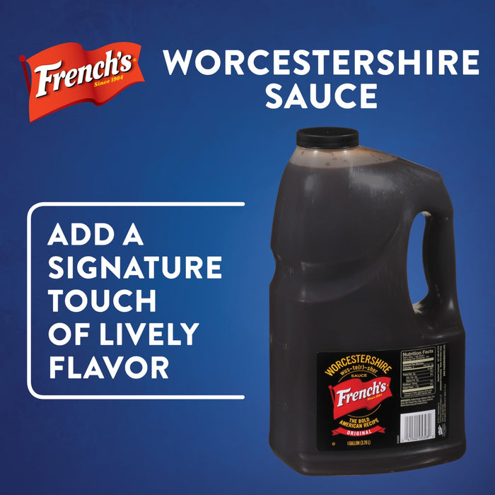 A large bottle of French\s Worcestershire Sauce with a blue background and text that says Add a signature touch of lively flavor.