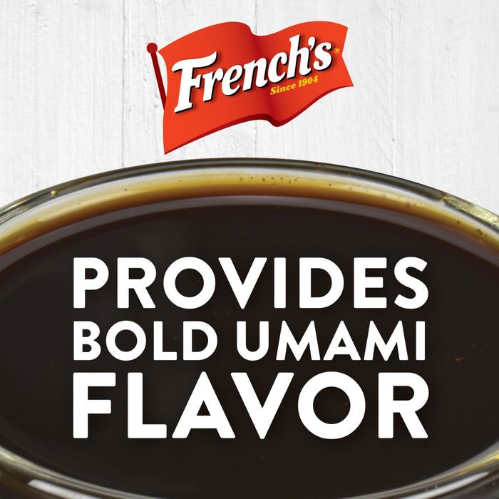 A bowl of French\s Worcestershire sauce with the text Provides Bold Umami Flavor on top.