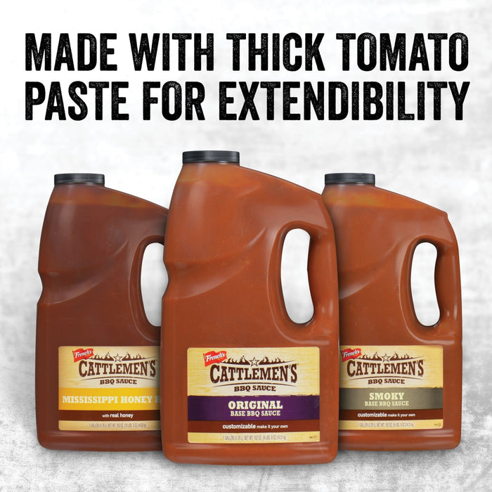 Three bottles of Frenchs Cattlemens BBQ Sauce in the flavors Mississippi Honey Original and Smoky.