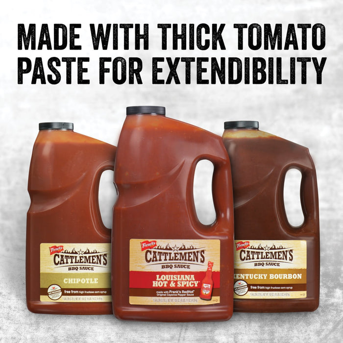 Three bottles of Frenchs Cattlemens BBQ Sauce in the flavors Chipotle Louisiana Hot &amp; Spicy and Kentucky Bourbon.