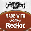A bowl of red sauce with the words Made with Frank\s RedHot on it.