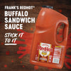 A gallon jug of Franks RedHot Buffalo Sandwich Sauce.