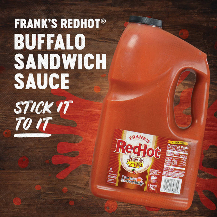 A gallon jug of Franks RedHot Buffalo Sandwich Sauce.