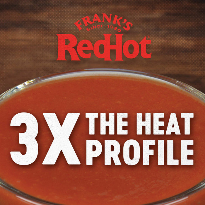 Franks RedHot logo with a bowl of red sauce and the text 3X THE HEAT PROFILE.