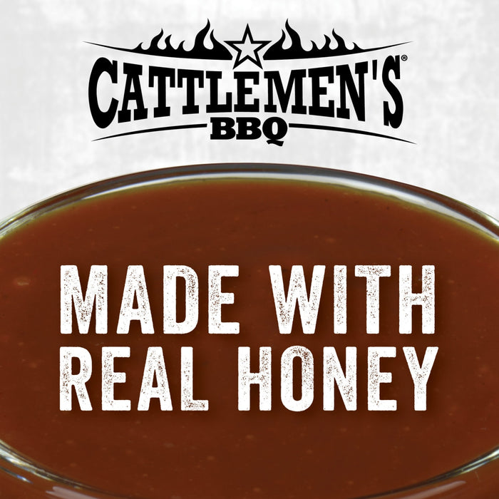 Cattlemen\s BBQ logo with a bowl of sauce and the text Made with real honey.