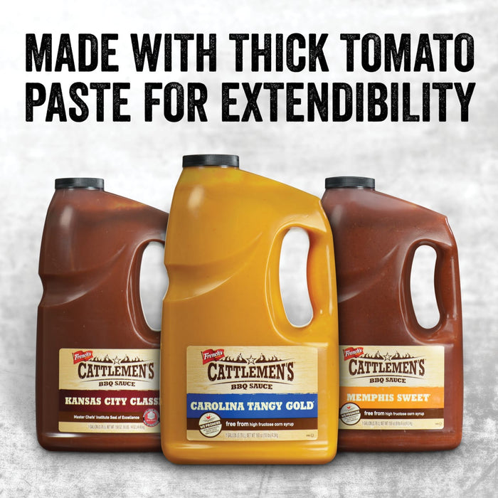 Three bottles of Frenchs Cattlemens BBQ Sauce in different flavors: Kansas City Class Carolina Tangy Gold and Memphis Sweet.