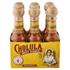 A six-pack of Cholula Original Hot Sauce bottles with wooden tops is displayed in its branded cardboard packaging.