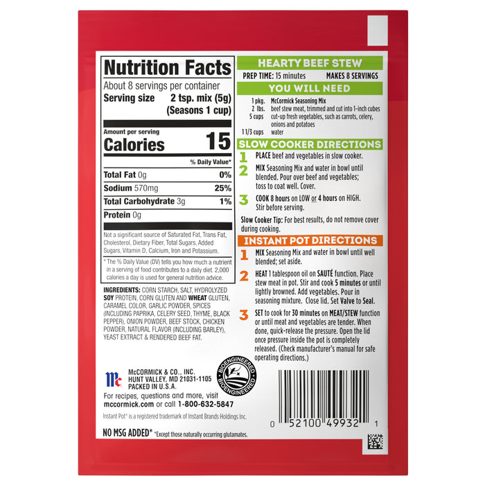 McCormick® Slow Cooker Hearty Beef Stew Seasoning Mix, 1.5 oz (6-Pack)