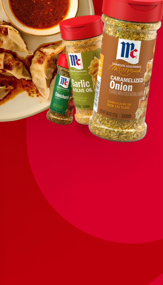 mccormick signature seasoning products on a red designed background with circles and a recipe photo of dumplings