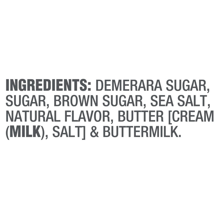 The image shows the ingredient list for a food product, including demerara sugar, sugar, brown sugar, sea salt, natural flavor, butter, and buttermilk.