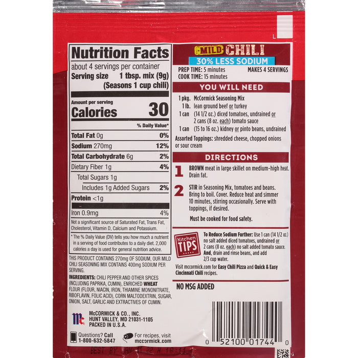 McCormick® 30% Less Sodium Chili Mild Seasoning Mix, 1.25 oz