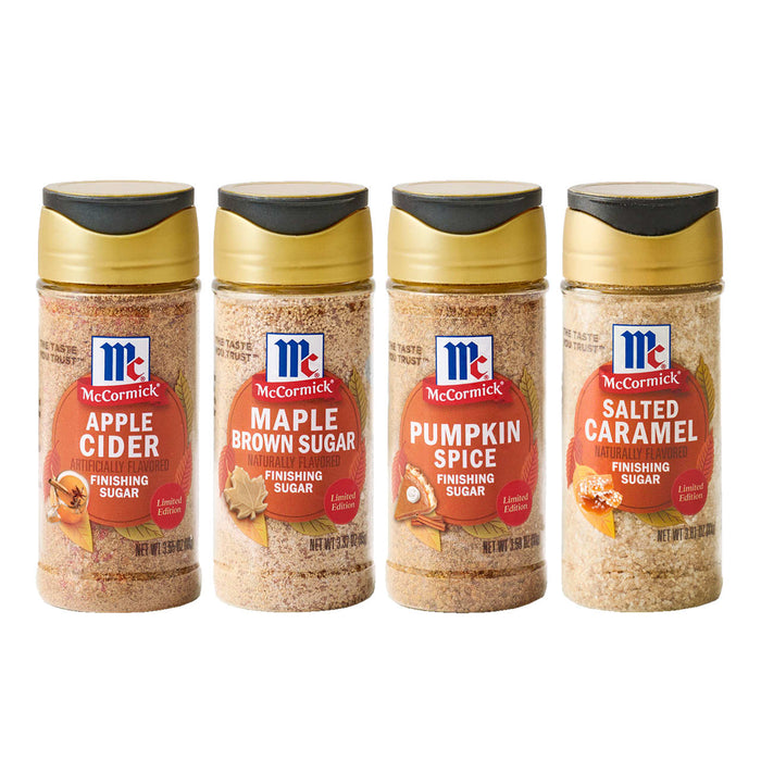A collection of four McCormick flavored sugar and spice blends including Apple Cider, Maple Brown Sugar, Pumpkin Spice, and Salted Caramel.