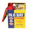 A yellow and red tin of Old Bay Seasoning with a picture of a crab shrimp and chicken on the front.