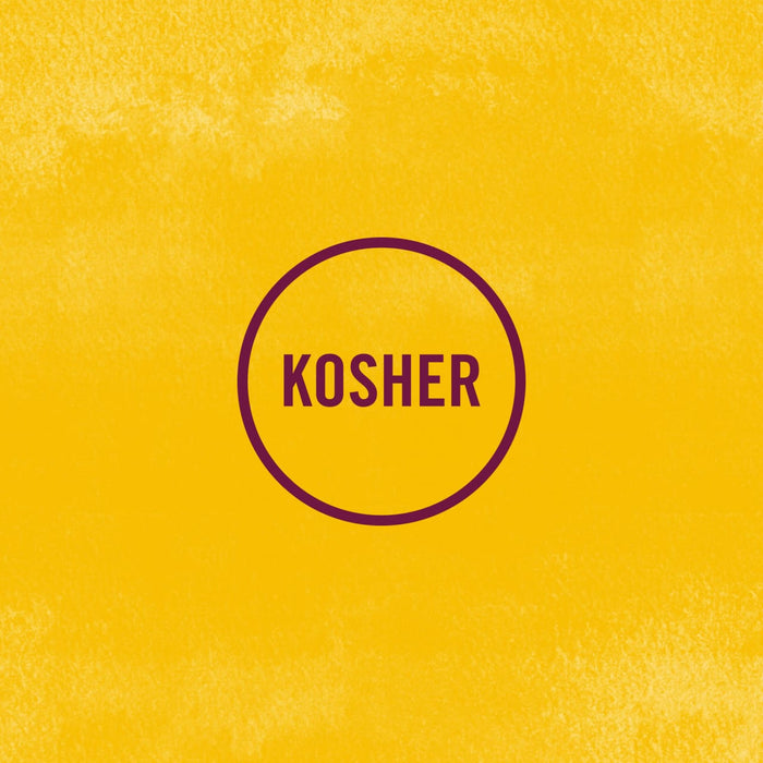 The Kosher logo features the word KOSHER inside a purple circle against a yellow background.