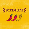 An illustration of three chili peppers two red and one yellow with the word MEDIUM above them.