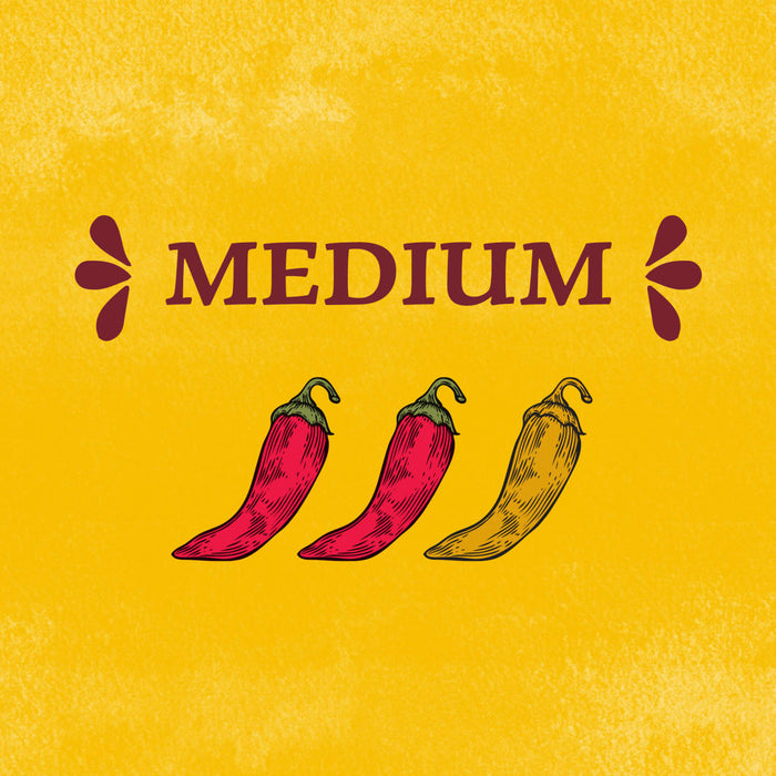 An illustration of three chili peppers two red and one yellow with the word MEDIUM above them.