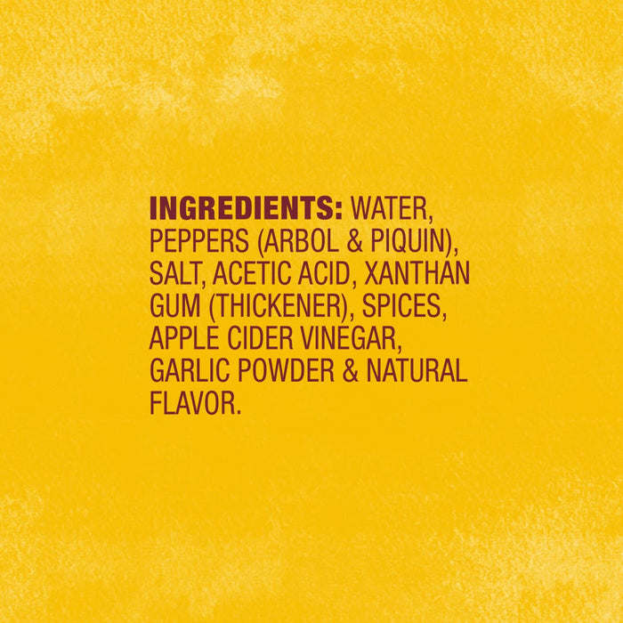 A list of ingredients for a product including water peppers salt acetic acid xanthan gum spices apple cider vinegar garlic powder and natural flavor.