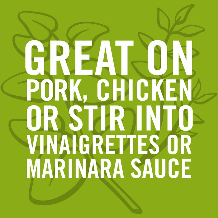 An illustration of a sprig of herbs with the text Great on pork chicken or stir into vinaigrettes or marinara sauce.