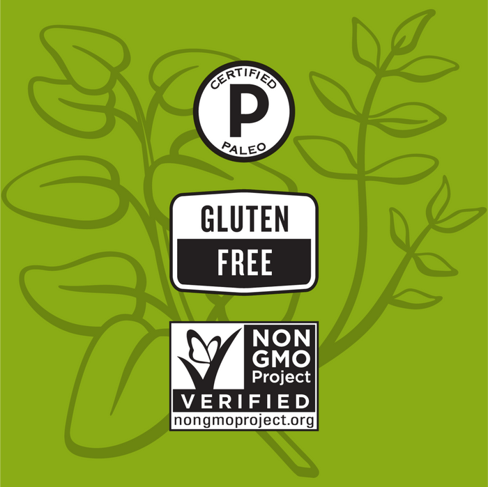 A green illustration of a plant with three certifications: Certified Paleo Gluten Free and Non-GMO Project Verified.