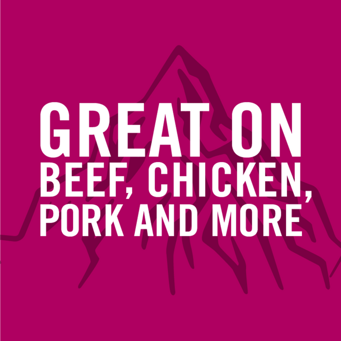 An illustration of a mountain with the text Great on beef chicken pork and more.