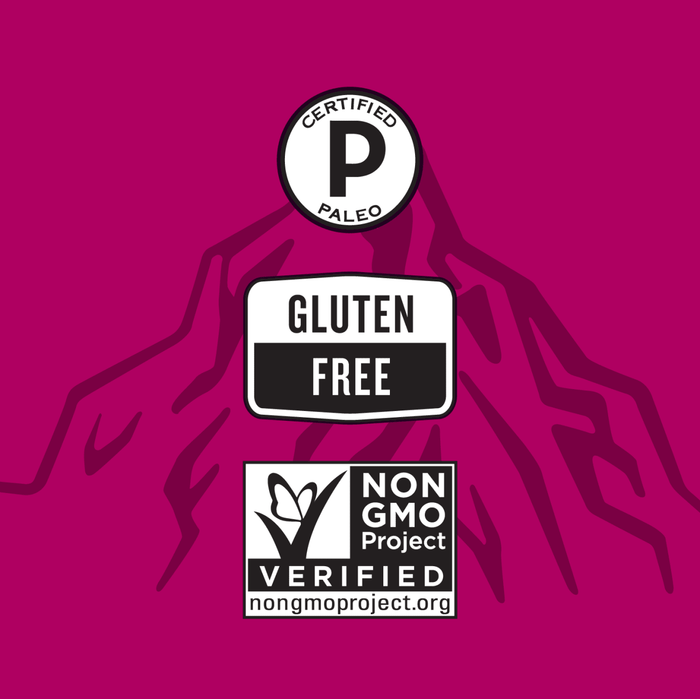 A logo for a product that is certified paleo gluten free and non-GMO.