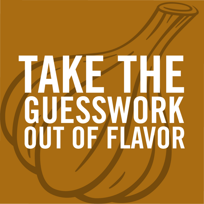 An illustration of a garlic bulb with the text Take the guesswork out of flavor.