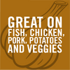 An illustration of a garlic bulb with the text Great on fish chicken pork potatoes and veggies.