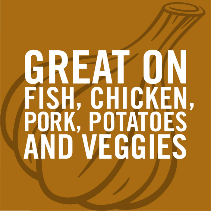 An illustration of a garlic bulb with the text Great on fish chicken pork potatoes and veggies.