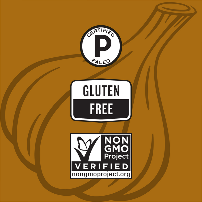 A cartoon illustration of a garlic with certified paleo gluten free and non-GMO project verified labels.