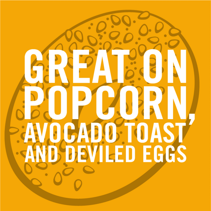 An illustration of a bagel with the text Great on popcorn avocado toast and deviled eggs.