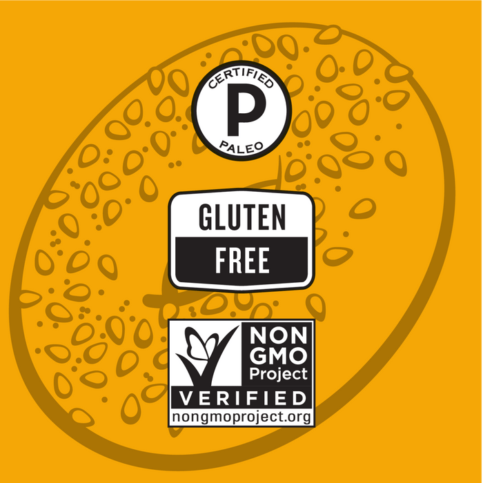 A bagel with sesame seeds and three certifications: Certified Paleo Gluten Free and Non-GMO Project Verified.