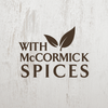 A logo for McCormick Spices with the words With McCormick Spices and a leaf design.
