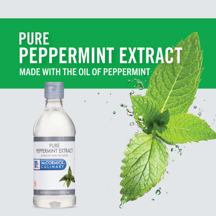 A bottle of McCormick Culinary Pure Peppermint Extract with a green peppermint leaf and water droplets.