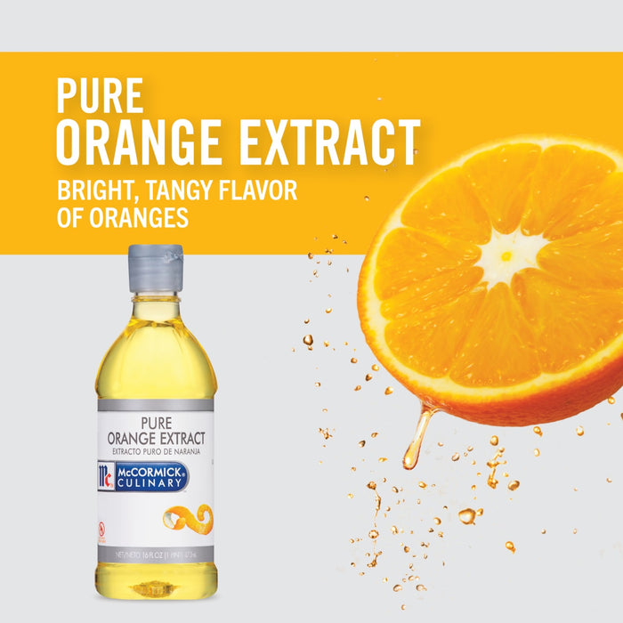 A bottle of McCormick Culinary Pure Orange Extract with a bright orange slice and orange zest.